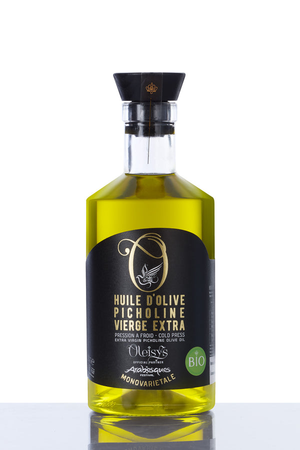 🌿Oleisys® Huile d’olive Picholine Vierge Extra Bio  500 ml – Flacon bijou  Édition Partenaire Officielle du Festival Arabesques